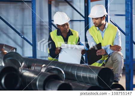 Warehouse, logistics and team with checklist for inspection, export process or transport schedule. Stock check, quality control and people with clipboard in shipping depot for inventory management 138755147