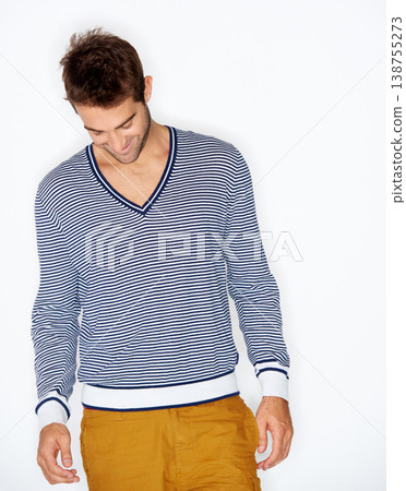 Fashion, clothes and casual with a model in studio on a white background for trendy hipster style. Man, natural and cool with a confident young person in a clothing outfit to relax for comfort Fashion, clothes and casual with a model in studio on a white background for trendy hipster style. Man, natural and cool with a confident young person in a clothing outfit to relax for comfort 138755273