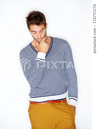 Fashion, clothes and cool with a man in studio on a white background for trendy hipster style. Model, natural and casual with a confident young person in a clothing outfit to relax for comfort Fashion, clothes and cool with a man in studio on a white background for trendy hipster style. Model, natural and casual with a confident young person in a clothing outfit to relax for comfort 138755278