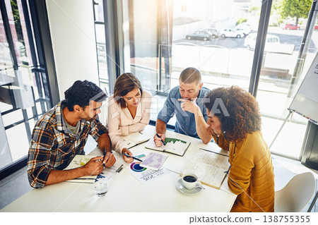 Team, review and meeting with stats and graphs of company target, goals or market research with data analysis. Above, table or paperwork report of growth, progress or startup performance analytics 138755355