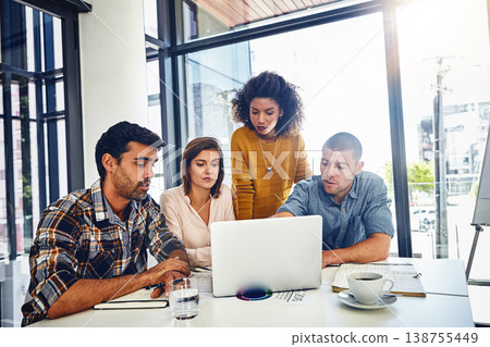 Team, planning and web designer in office with laptop, market research or problem solving in development of project. Website, design and people with technology for online marketing, SEO or strategy 138755449