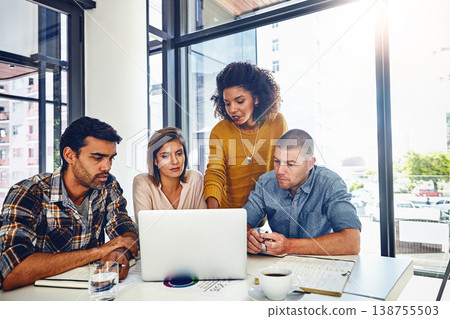 Web design, strategy and team in office with laptop, market research or problem solving in development of project. Website, designer and people with technology for online marketing, SEO or planning 138755503