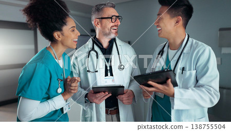 Doctors, nurses and tablet with healthcare success, applause and celebration of hospital results or solution. Happy medical team, mentor and students on digital technology for hospital news or goals Doctors, nurses and tablet with healthcare success, applause and celebration of hospital results or solution. Happy medical team, mentor and students on digital technology for hospital news or goals 138755504