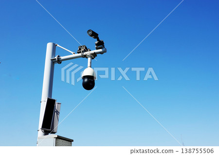 Surveillance Cameras with Ample Clear Blue Sky Background Surveillance Cameras with Ample Clear Blue Sky Background 138755506