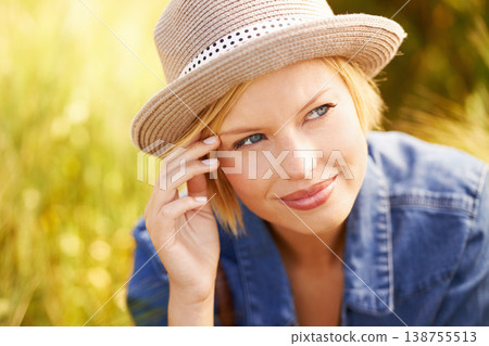 Countryside, thinking and woman with sunshine, ideas and adventure with tourism, summer and calm. Person, travelling or girl with happiness, peace and hat with fresh air, relax or journey with joy Countryside, thinking and woman with sunshine, ideas and adventure with tourism, summer and calm. Person, travelling or girl with happiness, peace and hat with fresh air, relax or journey with joy 138755513