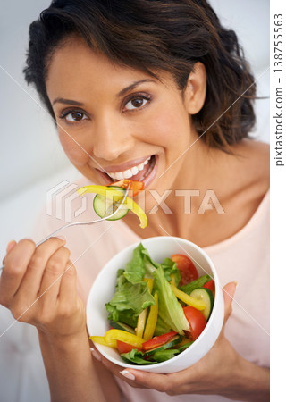 Happy woman, portrait and eating vegetable salad in bowl for diet, snack or natural nutrition in kitchen at home. Face of female person smile with organic food for fiber, vitamin or healthy meal Happy woman, portrait and eating vegetable salad in bowl for diet, snack or natural nutrition in kitchen at home. Face of female person smile with organic food for fiber, vitamin or healthy meal 138755563