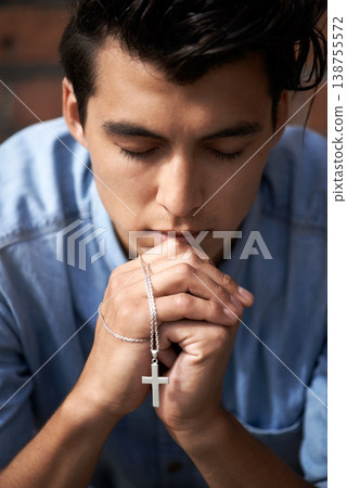 Man, hands and praying with crucifix for faith, worship and spirituality for soul, support and belief. Male person, confession and hope for forgiveness from god, gratitude and trust in religion Man, hands and praying with crucifix for faith, worship and spirituality for soul, support and belief. Male person, confession and hope for forgiveness from god, gratitude and trust in religion 138755572