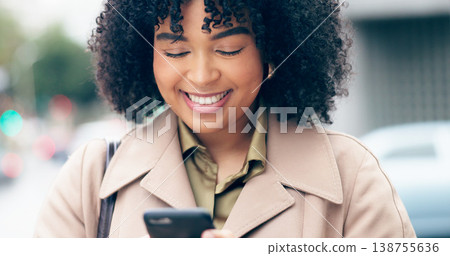Social media, phone or business woman in city typing online to search for internet post or website notification. Smile, news blog or happy entrepreneur texting or networking on mobile app for a meme Social media, phone or business woman in city typing online to search for internet post or website notification. Smile, news blog or happy entrepreneur texting or networking on mobile app for a meme 138755636