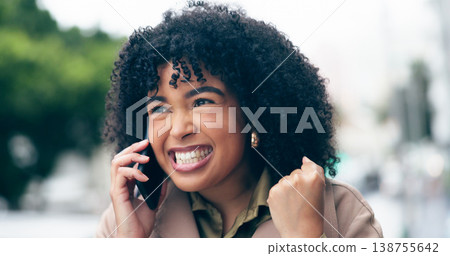 Phone call, excited or woman in city for winning a competition, good news or goal achievement. Yes, winner or happy worker cheering for success celebration, bonus or reward in urban street with smile Phone call, excited or woman in city for winning a competition, good news or goal achievement. Yes, winner or happy worker cheering for success celebration, bonus or reward in urban street with smile 138755642