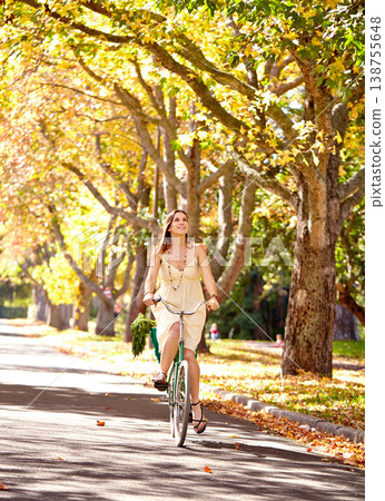 Bicycle, woman and happy for fitness in nature, vacation exercise and eco friendly central park with wellness. New york city, person and trendy fashion for summer, sustainability and urban travel Bicycle, woman and happy for fitness in nature, vacation exercise and eco friendly central park with wellness. New york city, person and trendy fashion for summer, sustainability and urban travel 138755648