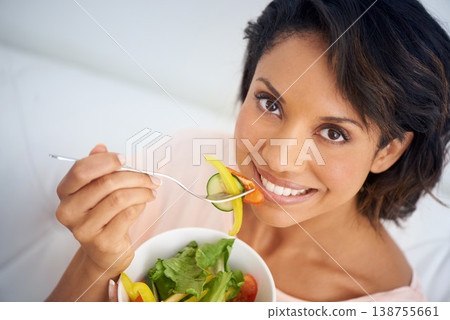 Eating, salad and portrait of happy woman with lunch, nutrition and wellness in diet. Healthy food, fruit and vegetables in bowl for meal on sofa in home living room with happiness and a smile 138755661