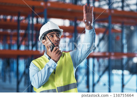Man, radio and thinking in warehouse for logistics, storage site and contact with safety inspection. Person, communication and tech with conversation, helmet and shipping at distribution plant Man, radio and thinking in warehouse for logistics, storage site and contact with safety inspection. Person, communication and tech with conversation, helmet and shipping at distribution plant 138755664