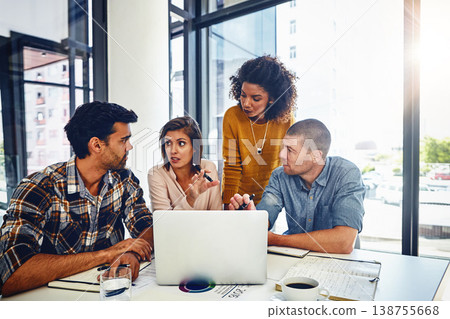 Web design, team and planning in office with laptop, market research or problem solving in development of project. Website, designer and people with technology for online marketing, SEO or strategy 138755668