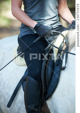 Saddle, horse riding or woman in countryside outdoor with rider or jockey for recreation or wellness. Exercise, hands or closeup of athlete with a healthy pet animal for training or support on farm Saddle, horse riding or woman in countryside outdoor with rider or jockey for recreation or wellness. Exercise, hands or closeup of athlete with a healthy pet animal for training or support on farm 138755674