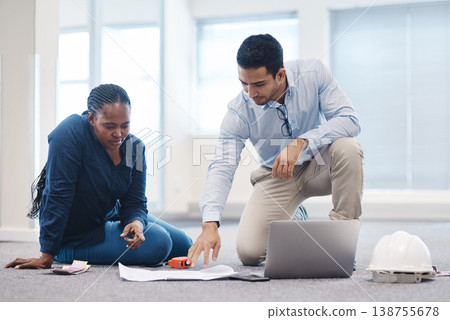 Laptop, team and architecture meeting with floor plan for design vision, building layout or people. Tech, architect and interior designer with blueprint on site for structural review, idea and update 138755678