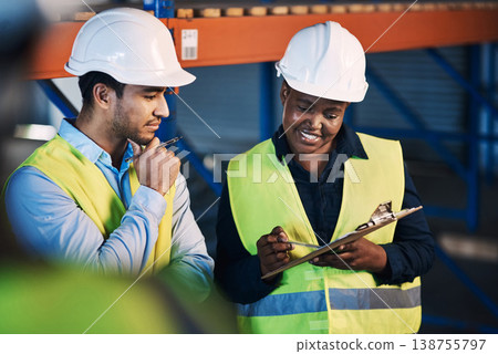 Supply chain, clipboard and people in warehouse documents for shipping schedule and talking. Employees, man and woman in factory, conversation and planning for import, quality control and export Supply chain, clipboard and people in warehouse documents for shipping schedule and talking. Employees, man and woman in factory, conversation and planning for import, quality control and export 138755797