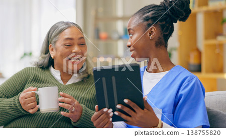 Home, old woman and nurse with a tablet, connection and email notification with internet, love or social media. Black woman, caregiver or elderly person on a sofa, technology or conversation with app Home, old woman and nurse with a tablet, connection and email notification with internet, love or social media. Black woman, caregiver or elderly person on a sofa, technology or conversation with app 138755820