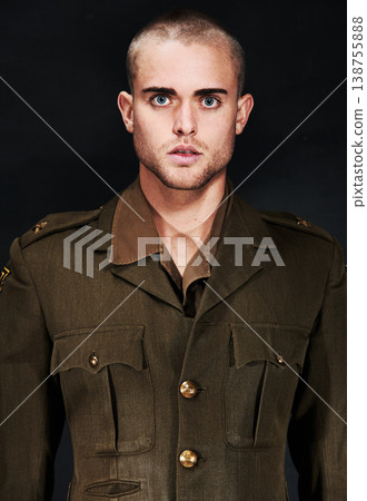 Military, portrait or man with ptsd, serious or surprised face and fear, terror and anxiety in studio. Man, guy or wide eyes with addiction, user or psychosis for insomnia on black background or risk Military, portrait or man with ptsd, serious or surprised face and fear, terror and anxiety in studio. Man, guy or wide eyes with addiction, user or psychosis for insomnia on black background or risk 138755888