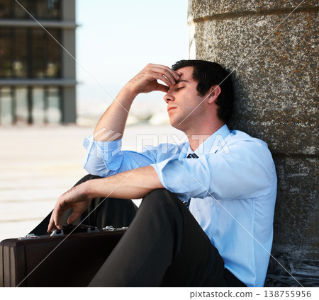 Businessman, headache or outdoor with stress, depression and anxiety on roof of building for crisis. Professional, person or employee with suitcase, mental health or migraine for problem or suffering Businessman, headache or outdoor with stress, depression and anxiety on roof of building for crisis. Professional, person or employee with suitcase, mental health or migraine for problem or suffering 138755956