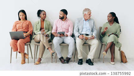 Waiting room, recruitment and people with notebook, laptop or talking of business networking, HR opportunity and social media. Diversity, job search and Human Resources group of men or women in chair 138755992