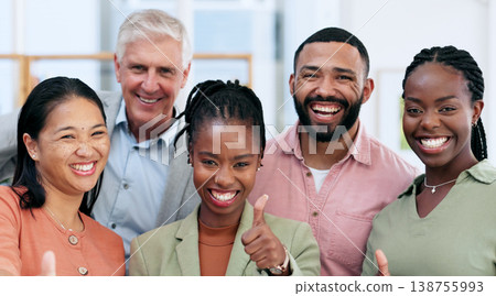 Portrait, thumbs up and group of business people with smile for success in startup company. Happy face, teamwork and like hand sign for agreement, feedback and winning achievement of workers together 138755993