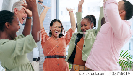 Happy creative people, meeting and celebration for teamwork, business or success together at office. Group of employees smile with hands in air for team achievement, promotion or startup at workplace Happy creative people, meeting and celebration for teamwork, business or success together at office. Group of employees smile with hands in air for team achievement, promotion or startup at workplace 138756019