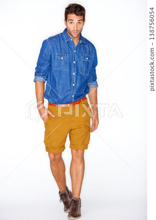 Stylish, portrait and a man or model with fashion, unique style or clothes on a white background. Cool, walking and handsome guy or person in hipster, elegant and funky clothing on a backdrop Stylish, portrait and a man or model with fashion, unique style or clothes on a white background. Cool, walking and handsome guy or person in hipster, elegant and funky clothing on a backdrop 138756054