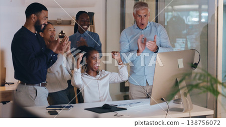 Call center, applause and people success, target and sales celebration on computer for telemarketing teamwork. Consultant, agent men and women clapping, excited and yes for winner and news in office Call center, applause and people success, target and sales celebration on computer for telemarketing teamwork. Consultant, agent men and women clapping, excited and yes for winner and news in office 138756072