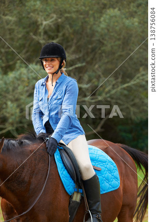 Horse riding, nature or happy woman in countryside outdoor with rider or jockey for recreation or wellness. Sports, ready or equestrian on an animal to start training, exercise or workout on a farm Horse riding, nature or happy woman in countryside outdoor with rider or jockey for recreation or wellness. Sports, ready or equestrian on an animal to start training, exercise or workout on a farm 138756084