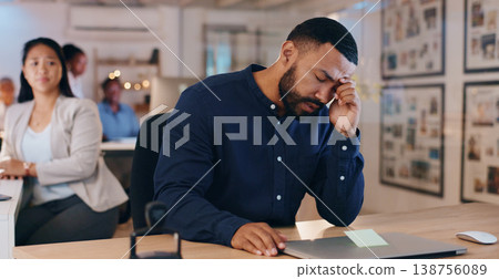 Black man, headache and stress in office, deadline and laptop for work, mental health and upset. Employee, overworked and exhausted for business, career and upset for mistake, burnout and migraine Black man, headache and stress in office, deadline and laptop for work, mental health and upset. Employee, overworked and exhausted for business, career and upset for mistake, burnout and migraine 138756089