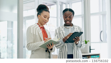 Business people, brainstorming and women with a tablet, conversation and connection with productivity, digital app and planning. Staff, manager and employee with technology, teamwork and cooperation 138756102