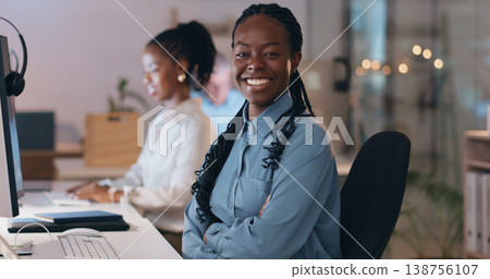 Happy black woman, portrait and call center at night for customer service, support or telemarketing at office. African female person or consultant agent smile, working late or help for online advice 138756107
