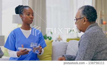 Assisted living, healthcare of medicine with an old man and nurse in a home for medical care or treatment. Help, pills or chronic medication with a black woman volunteer talking to a senior patient 138756111