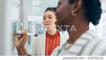 Sticky note, glass board and business people writing, collaboration and designer brainstorming women entrepreneurship. Creative innovation, moodboard and design people planning advertising project 138756112