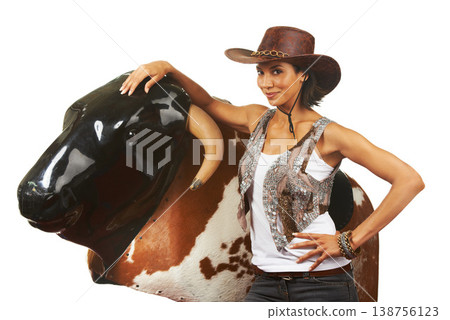 Cowboy, woman and hands on rodeo bull machine for fitness portrait with western fashion in studio mockup. Model, smile face and strong body for wellness, exercise and texas sport by white background 138756123