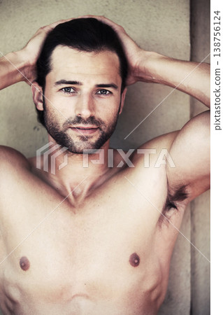 Chest, portrait and man in a bathroom for beauty, wellness or cosmetic treatment on wall background. Face, confident and guy model with dermatology, body care or shower routine results satisfaction Chest, portrait and man in a bathroom for beauty, wellness or cosmetic treatment on wall background. Face, confident and guy model with dermatology, body care or shower routine results satisfaction 138756124