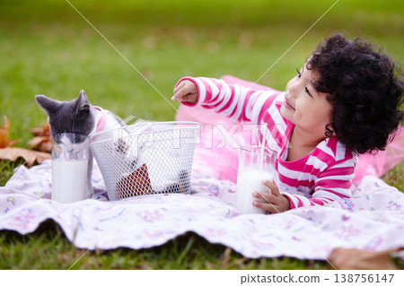 Milk, picnic and a girl in the park with her kitten together for love, care or bonding during summer. Smile, cat or kids playing and a cute young child in the garden having fun with her pet animal Milk, picnic and a girl in the park with her kitten together for love, care or bonding during summer. Smile, cat or kids playing and a cute young child in the garden having fun with her pet animal 138756147