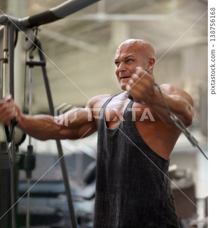 Body builder, exercise and man sweat in a gym with power, weightlifting machine and strength workout. Muscle, strain and strong athlete with training for bodybuilder fitness and wellness for sport Body builder, exercise and man sweat in a gym with power, weightlifting machine and strength workout. Muscle, strain and strong athlete with training for bodybuilder fitness and wellness for sport 138756168