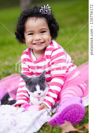 Portrait, picnic and a girl in the park with her kitten together for love, care or bonding during summer. Smile, cat or kids and a happy young child in the garden having fun with her pet animal Portrait, picnic and a girl in the park with her kitten together for love, care or bonding during summer. Smile, cat or kids and a happy young child in the garden having fun with her pet animal 138756172