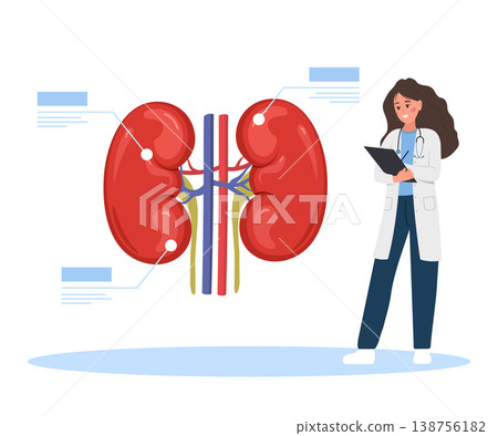 Nephrologist concept. Kidney disease and internal organ health. Human anatomy and treatment in a flat style. Healthy renal system or chronic illness care 138756182