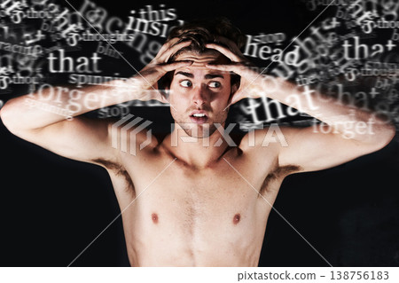Stress, depression and man with headache, words and studio isolated on a black background. Anxiety, psychology and mental health of person with text, sick and frustrated at crisis, fail or mistake Stress, depression and man with headache, words and studio isolated on a black background. Anxiety, psychology and mental health of person with text, sick and frustrated at crisis, fail or mistake 138756183