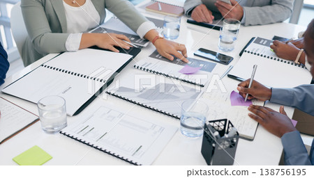 Business people, hands and writing with documents in planning, schedule or meeting on office table. Closeup of employee group with paperwork for tasks, strategy or brainstorming ideas at workplace 138756195