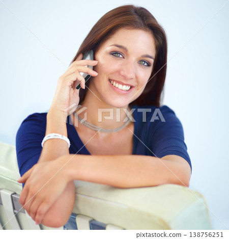 Happy woman, portrait and phone call talking in relax for conversation, communication or networking at home. Attractive female person smile and speaking on mobile smartphone for discussion at house 138756251