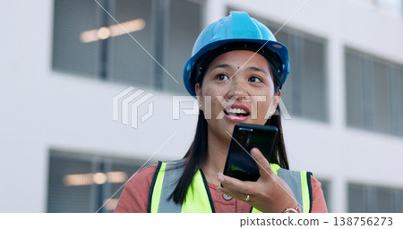Outdoor, woman and phone call with engineer, conversation and connection with planning, network and speaking. Person, employee and architect with a smartphone, discussion and feedback in a city Outdoor, woman and phone call with engineer, conversation and connection with planning, network and speaking. Person, employee and architect with a smartphone, discussion and feedback in a city 138756273