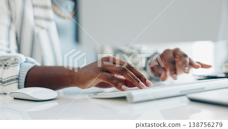 Hands, computer keyboard and business person typing online report, corporate development or web project. Closeup, research and employee working on company feedback, review or search agency database Hands, computer keyboard and business person typing online report, corporate development or web project. Closeup, research and employee working on company feedback, review or search agency database 138756279