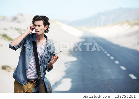 Man, lost and phone call by road for location, phone taxi and search or transport with doubt. Person, travel and communication with technology for destination guide, street in atlantis with cellphone Man, lost and phone call by road for location, phone taxi and search or transport with doubt. Person, travel and communication with technology for destination guide, street in atlantis with cellphone 138756291