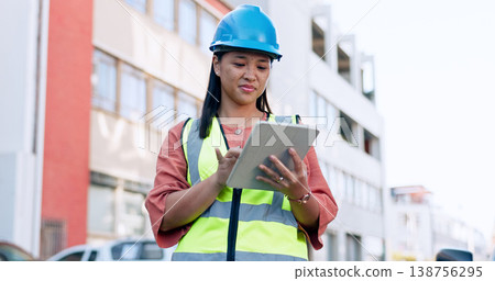 Construction, woman and tablet for inspection at job site, check digital floor plan and project management. Architect, engineering and paperless blueprint, checklist and assessment with contractor 138756295