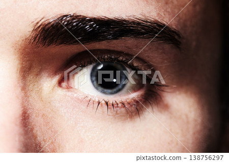 Macro, portrait and eye of man, vision and healthy eyesight, contact lens or retina for optometry. Face, closeup and iris of serious human, eyelash or eyebrow for ophthalmology, blue eyeball or skin Macro, portrait and eye of man, vision and healthy eyesight, contact lens or retina for optometry. Face, closeup and iris of serious human, eyelash or eyebrow for ophthalmology, blue eyeball or skin 138756297