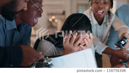 Night, business and multitasking stress for woman with headache, overwhelmed or frustrated by team demand in office. Deadline, anxiety and lady manager with compliance fail, tax or audit chaos crisis 138756306