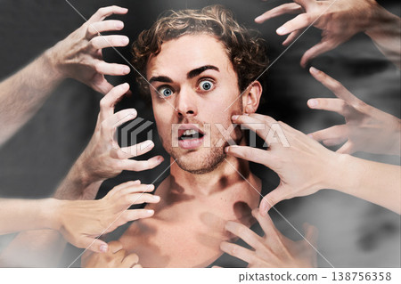 Portrait, drug addict and scared man with hands in studio isolated on black background. Face, smoke or person with fear, mental health crisis or hallucination, surprise or sick, depression or anxiety Portrait, drug addict and scared man with hands in studio isolated on black background. Face, smoke or person with fear, mental health crisis or hallucination, surprise or sick, depression or anxiety 138756358
